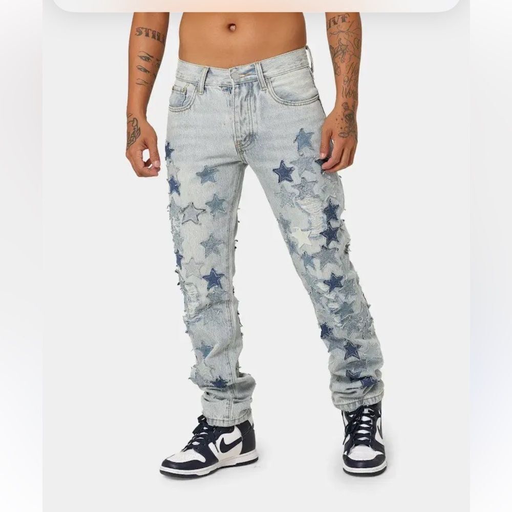 Mnml D271 Light Blue Wash Splash of Stars Patches Distressed Denim Jeans 29